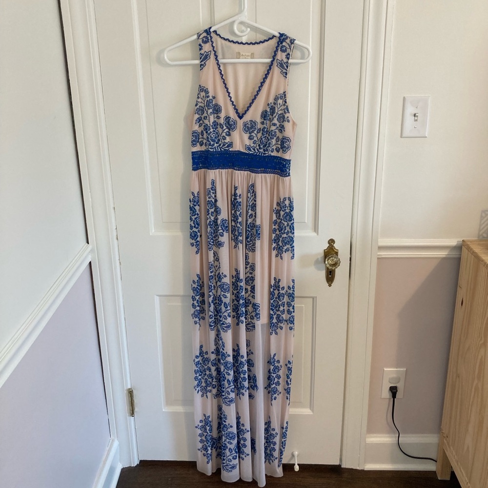 Altar'd State Cream Maxi Dress with Blue Floral Embroidery